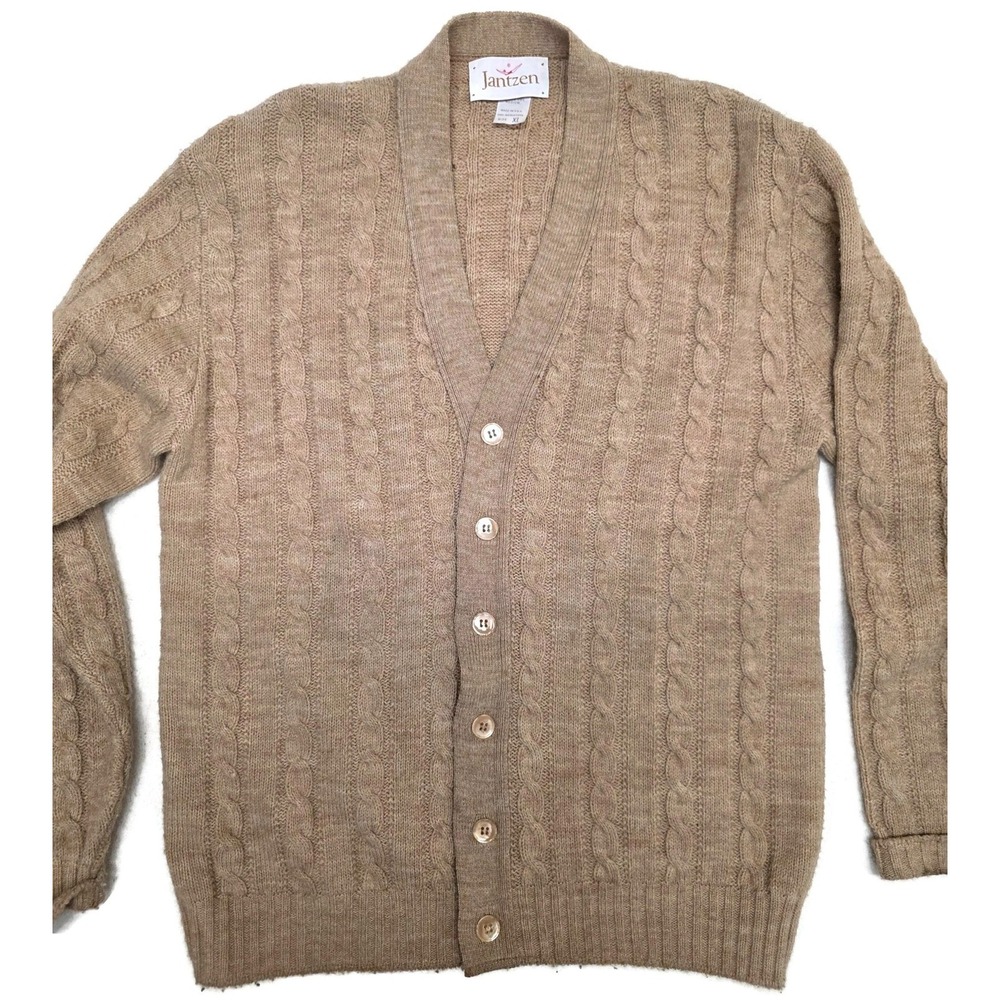 Vintage Jantzen Sweater Mens XL Brown Cable Knit Cardigan Made USA Retro 80s 90s